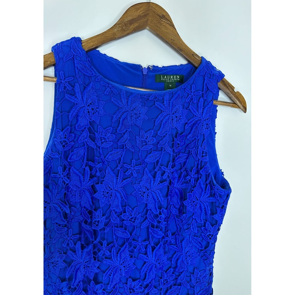 Lauren Ralph Lauren Royal Blue Floral Lace Overlay Sleeveless Sheath Dress Sz 10 - Picture 4 of 15